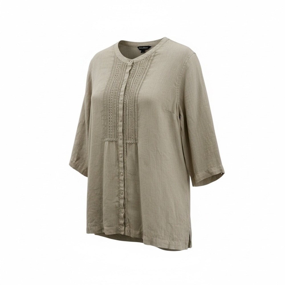 Tommy Bahama Linen Pintuck Button Front Tunic Top‎ Womens L G Beige 3/4 Sleeve